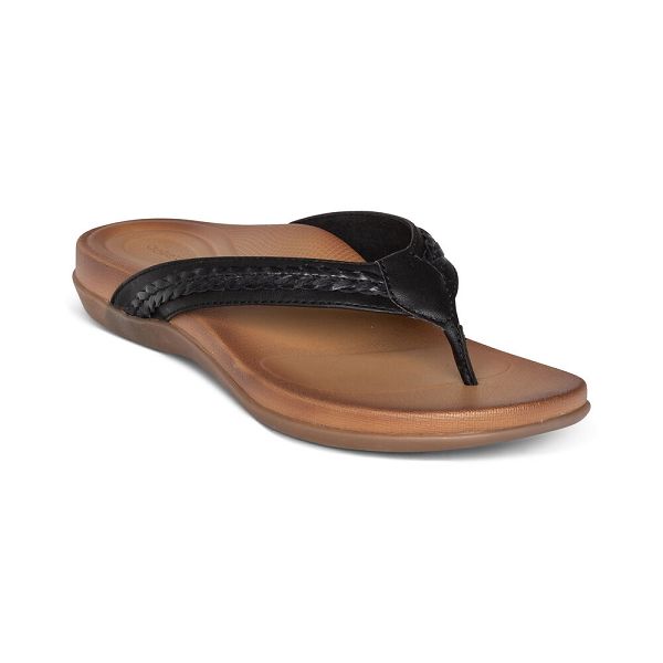 Aetrex Women's Emmy Braided Thong Flip Flops Black Sandals UK 3971-219